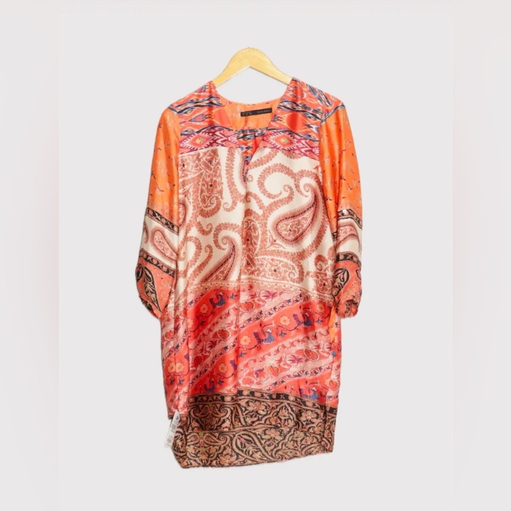 Zara Orange And Black Patterned Silk Dress - Size… - image 6